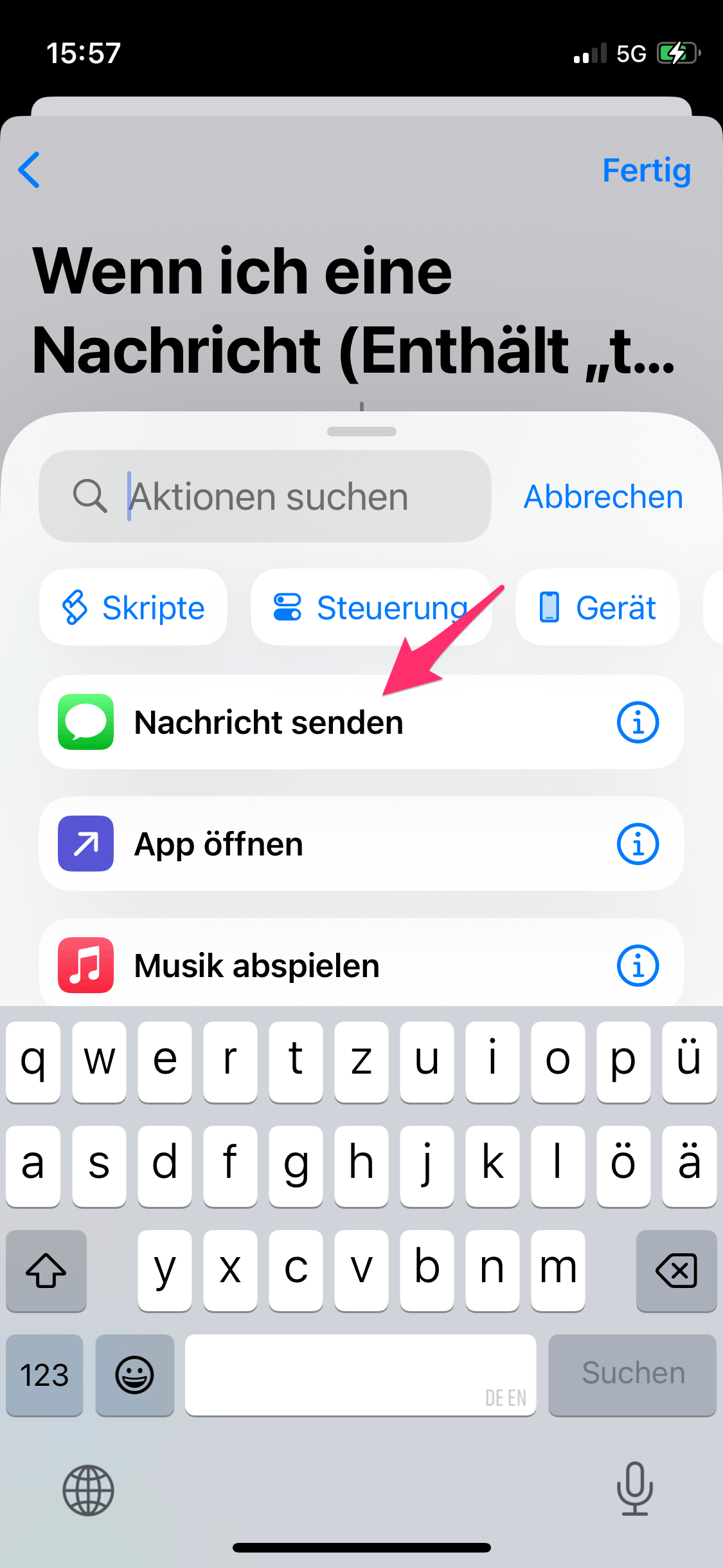 Screenshot Nachricht senden auswählen