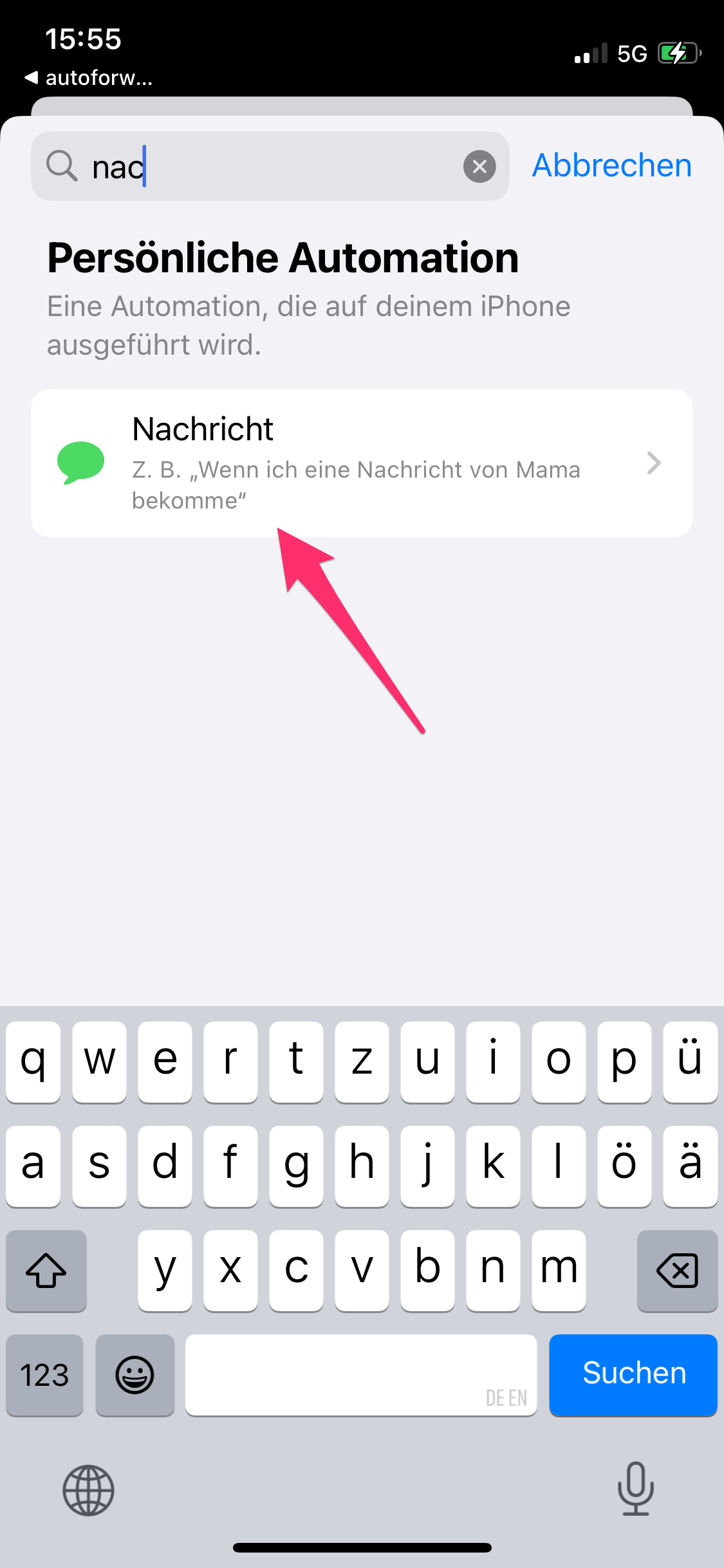Screenshot Nachricht auswählen