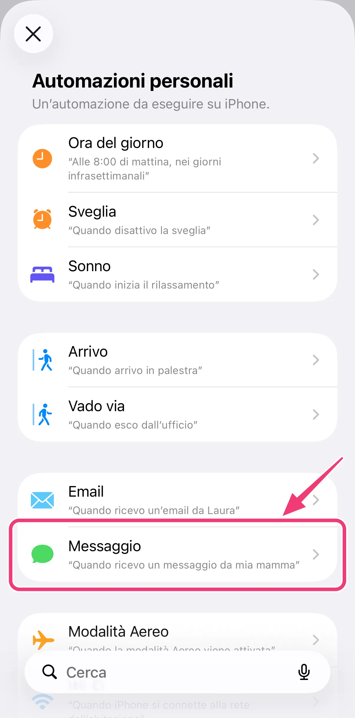 Screenshot: scegliere Messaggio