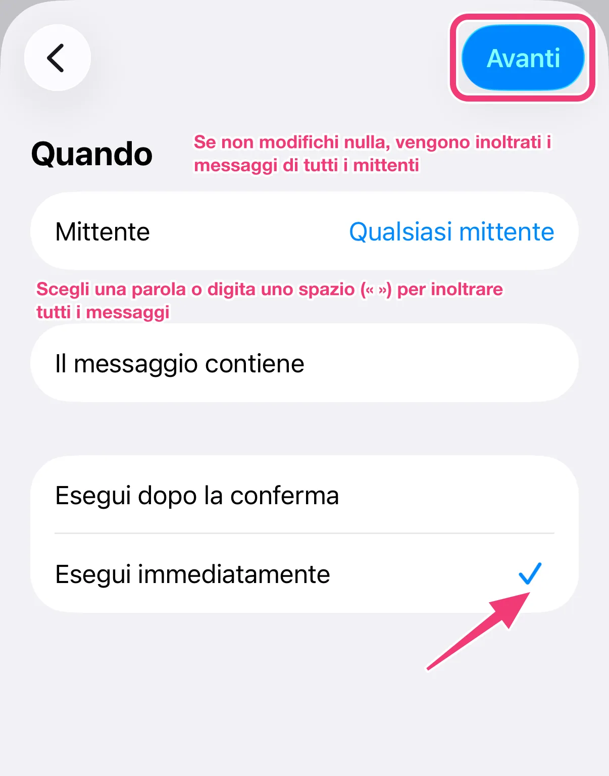 Screenshot: condizioni del messaggio