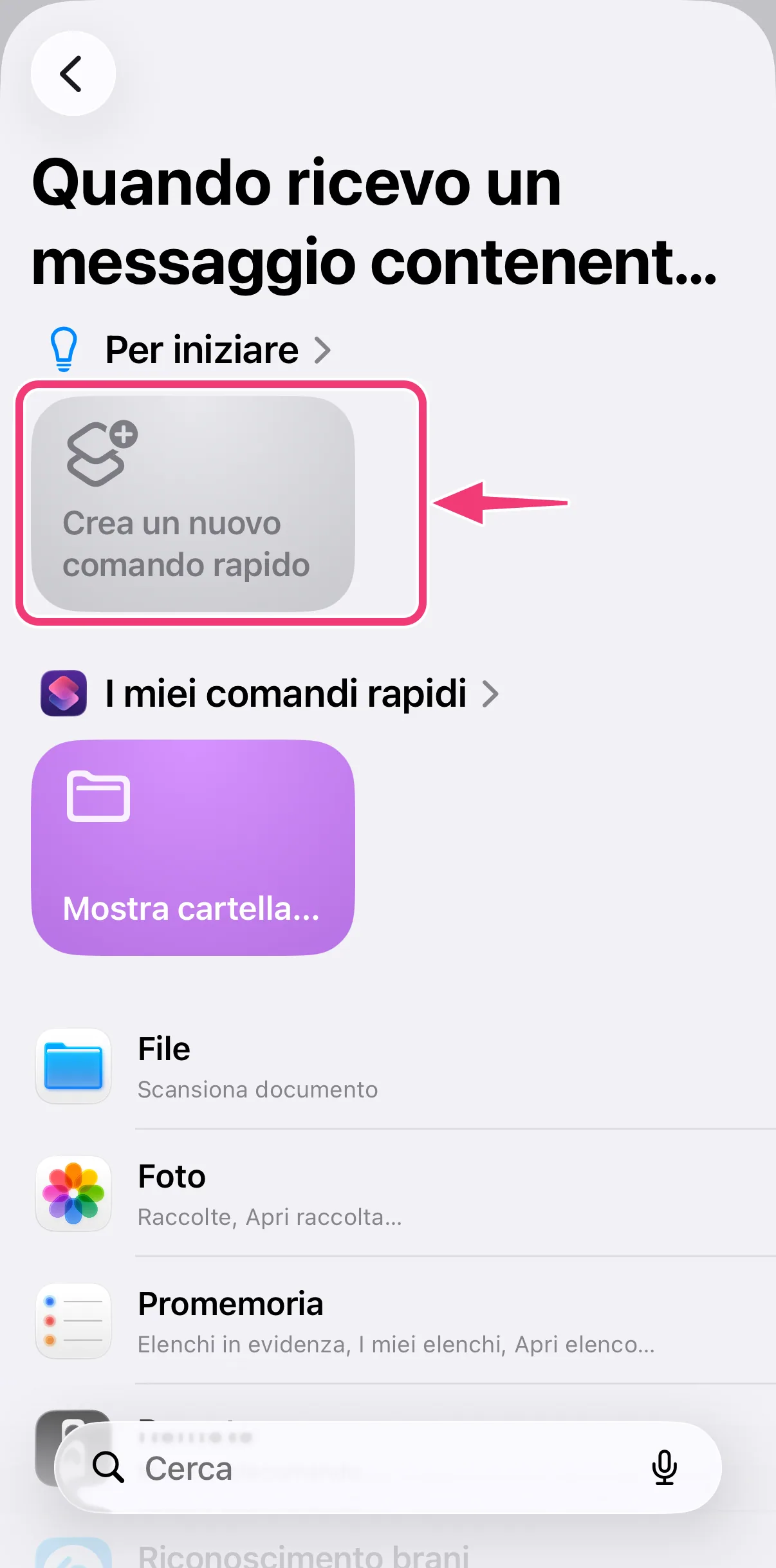 Screenshot: creare un nuovo comando rapido