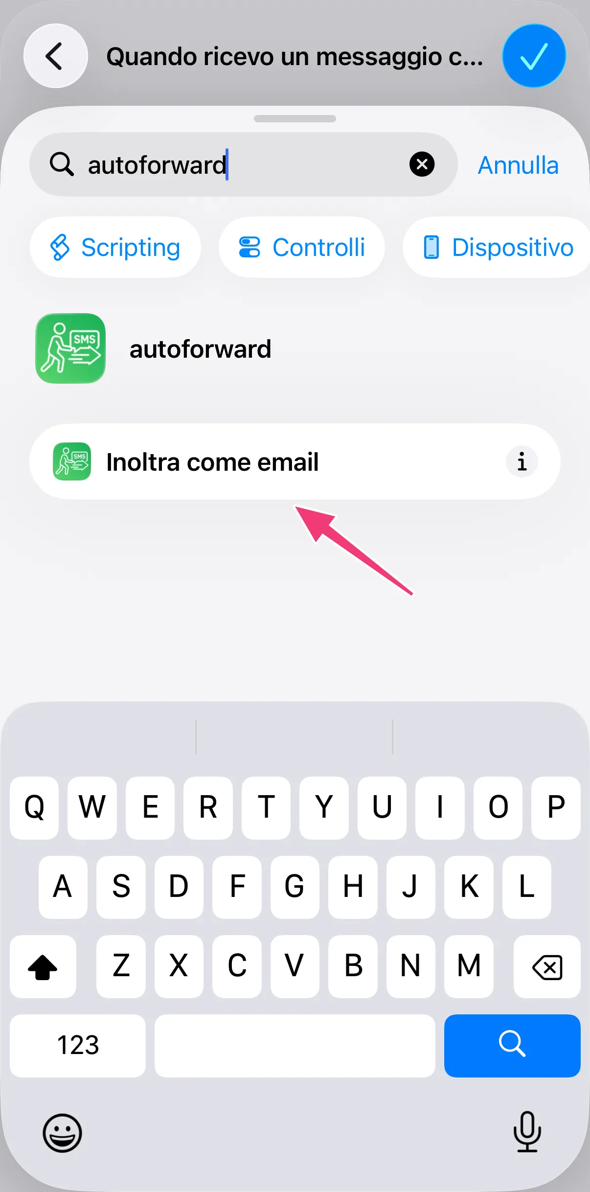 Screenshot: azioni di autoforward