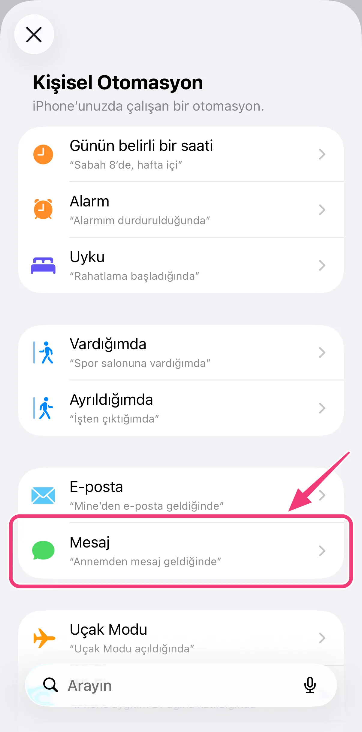 Ekran görüntüsü: Mesaj'ı seçme