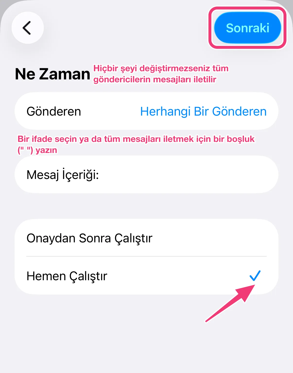 Ekran görüntüsü: mesaj koşulları