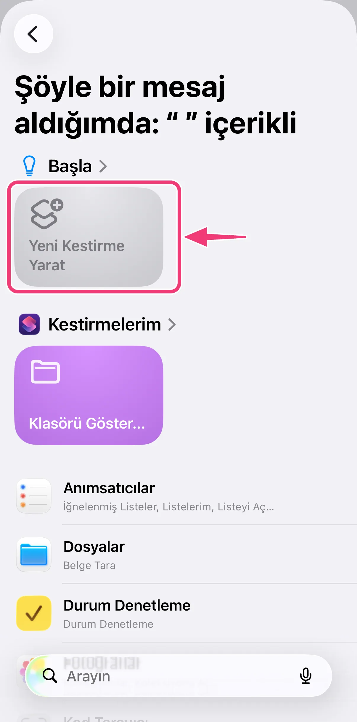 Ekran görüntüsü: yeni bir kısayol oluşturma
