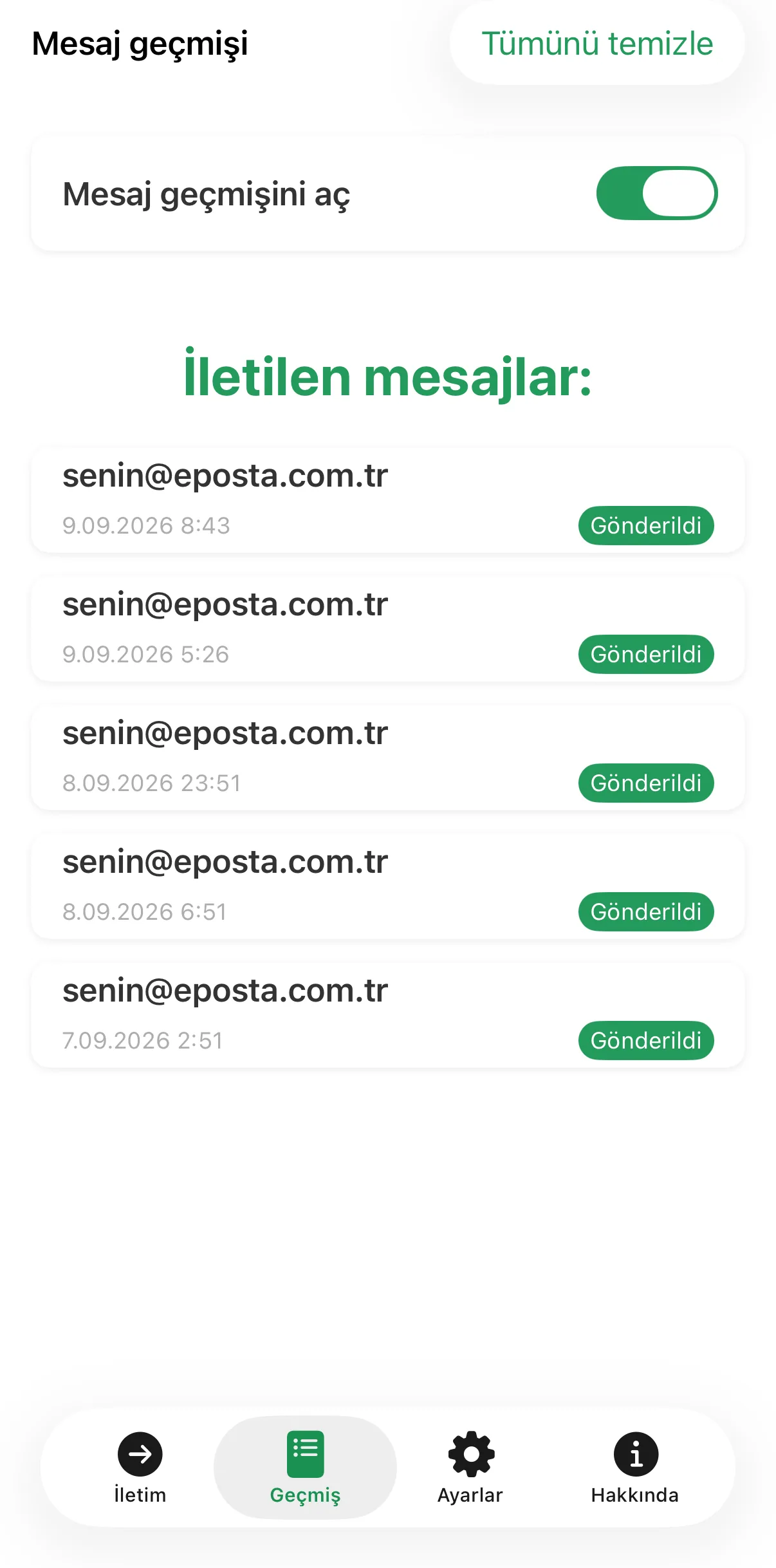 Ekran görüntüsü: mesaj geçmişi