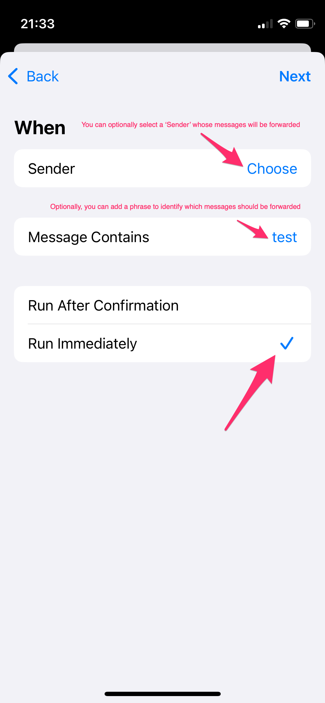 Screenshot Message Settings