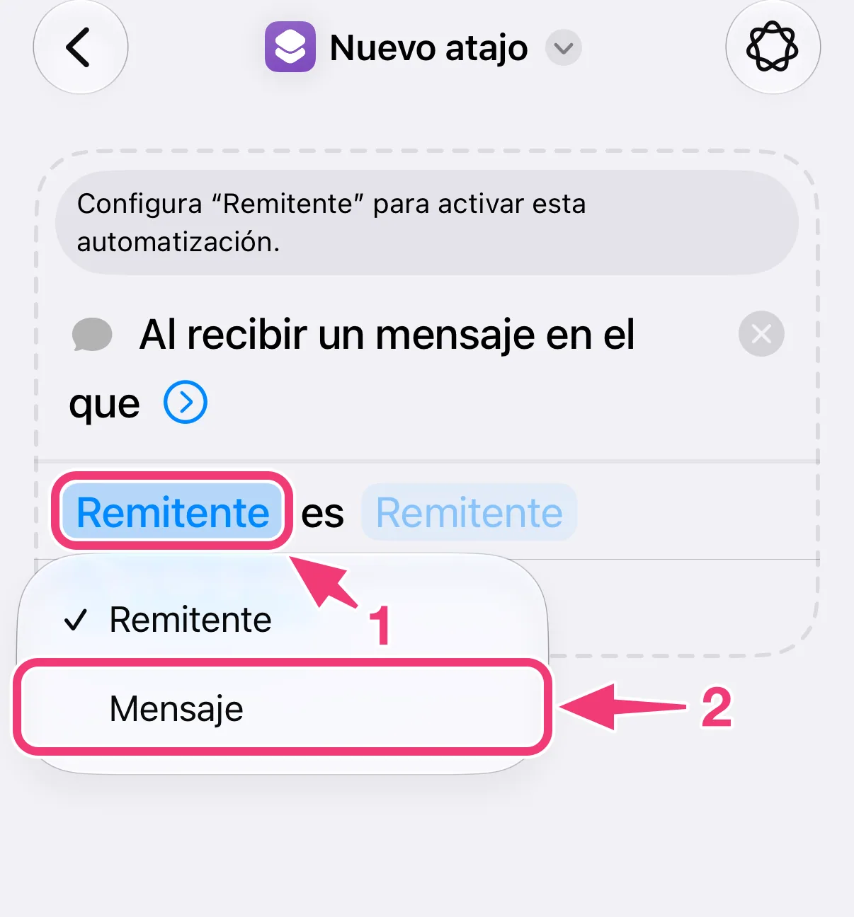 Captura: cambiar la condición a Mensaje