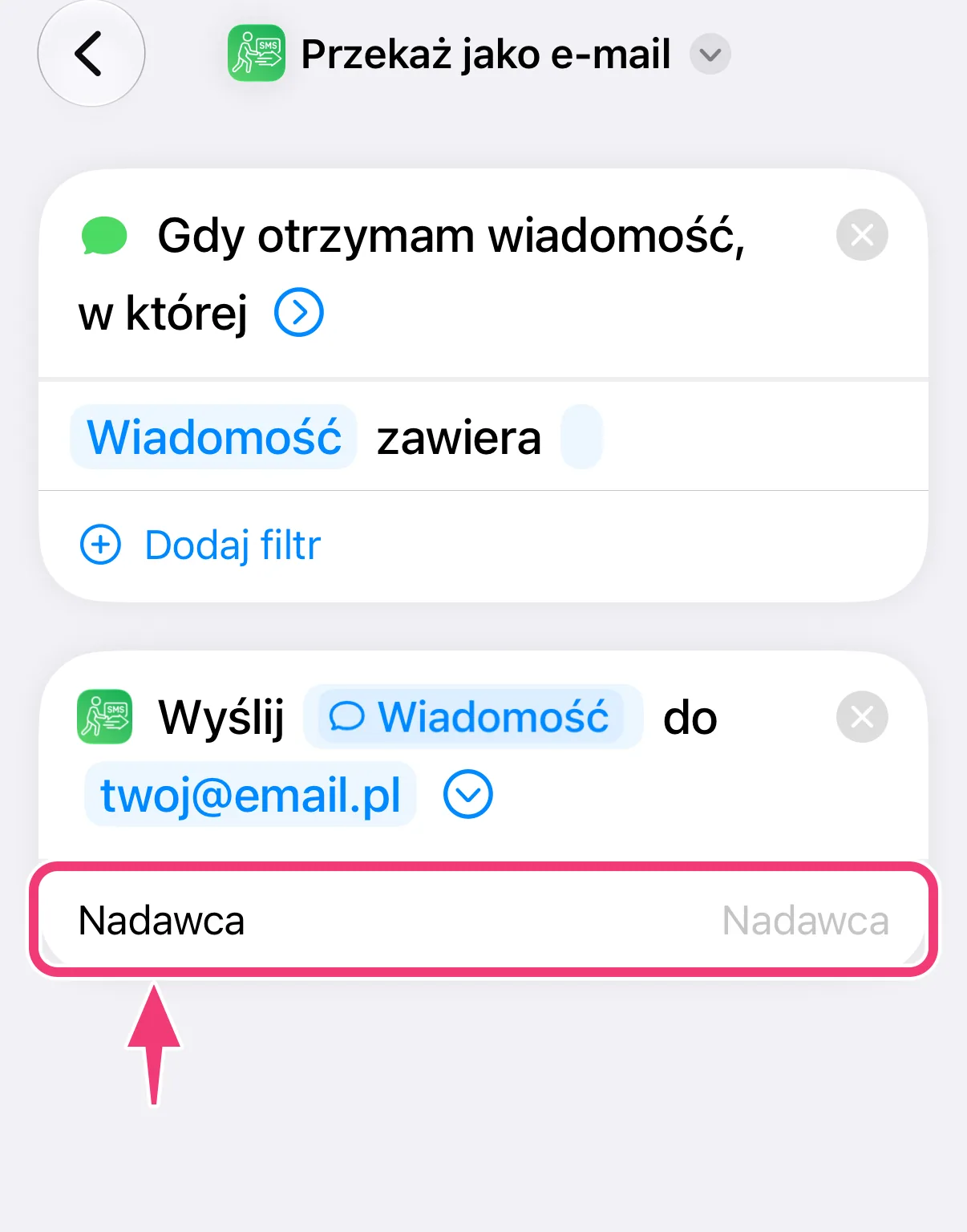 Zrzut ekranu: pole Nadawca