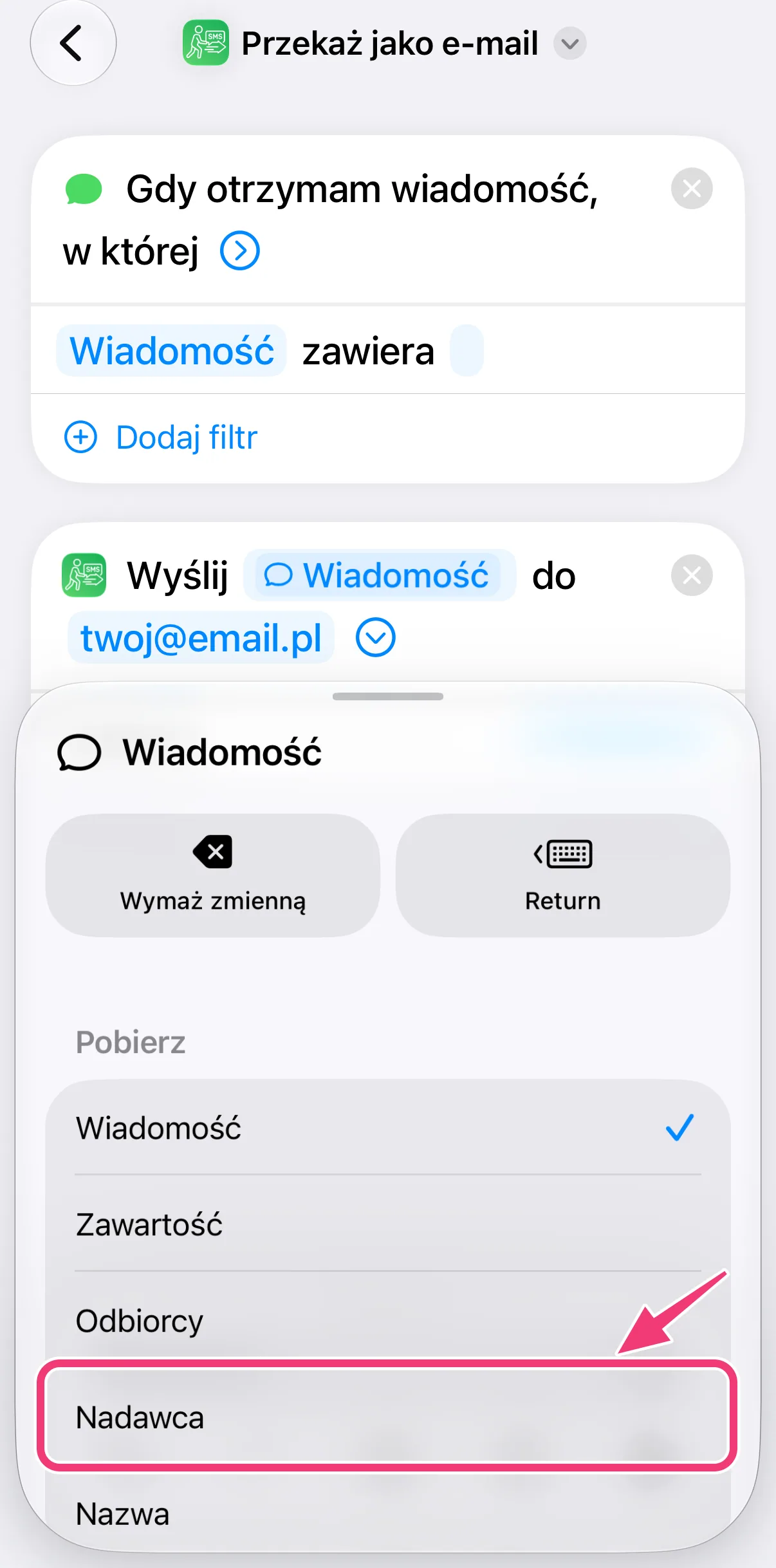 Zrzut ekranu: wybór opcji Nadawca