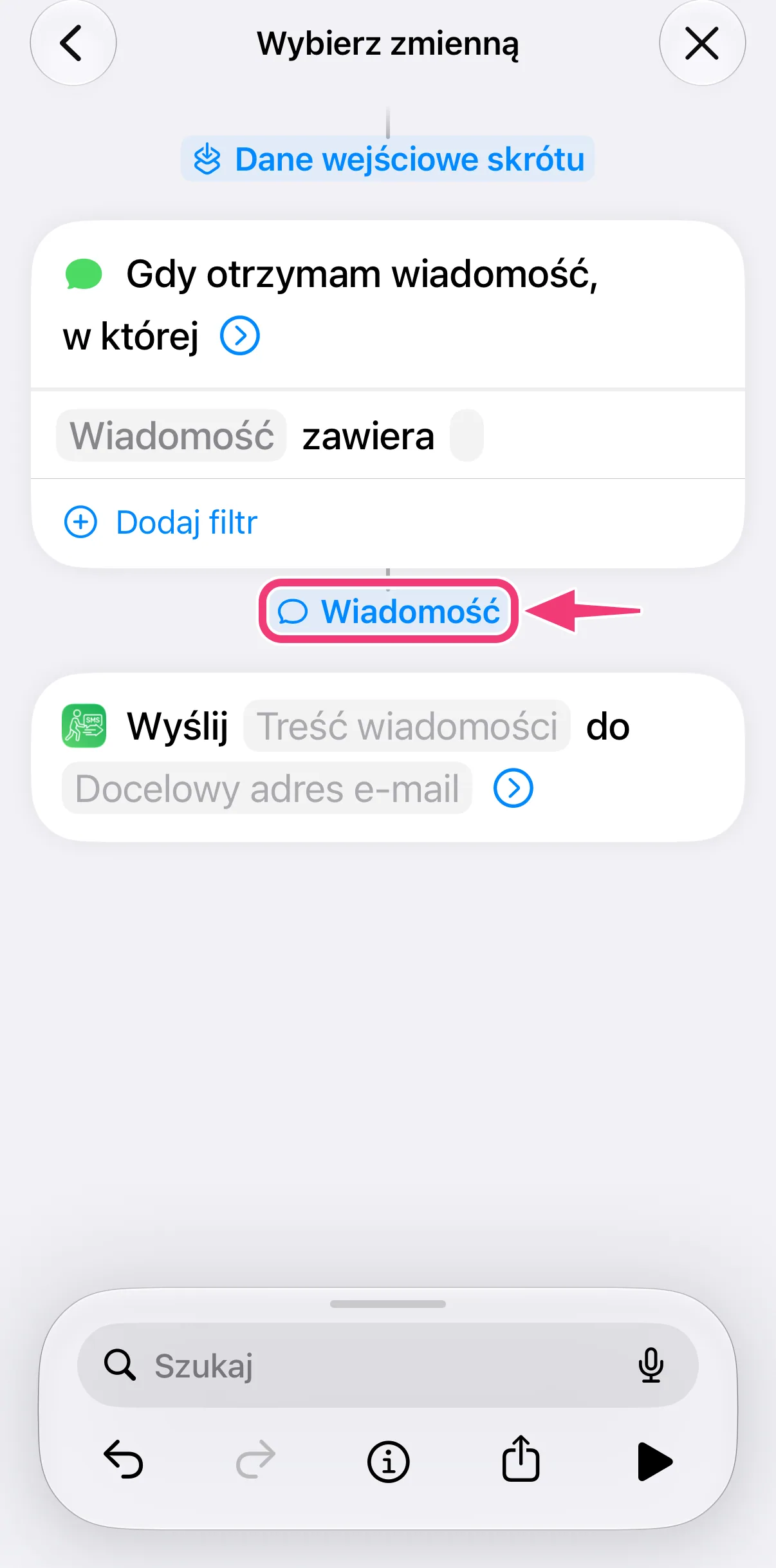 Zrzut ekranu: wybór zmiennej Wiadomość