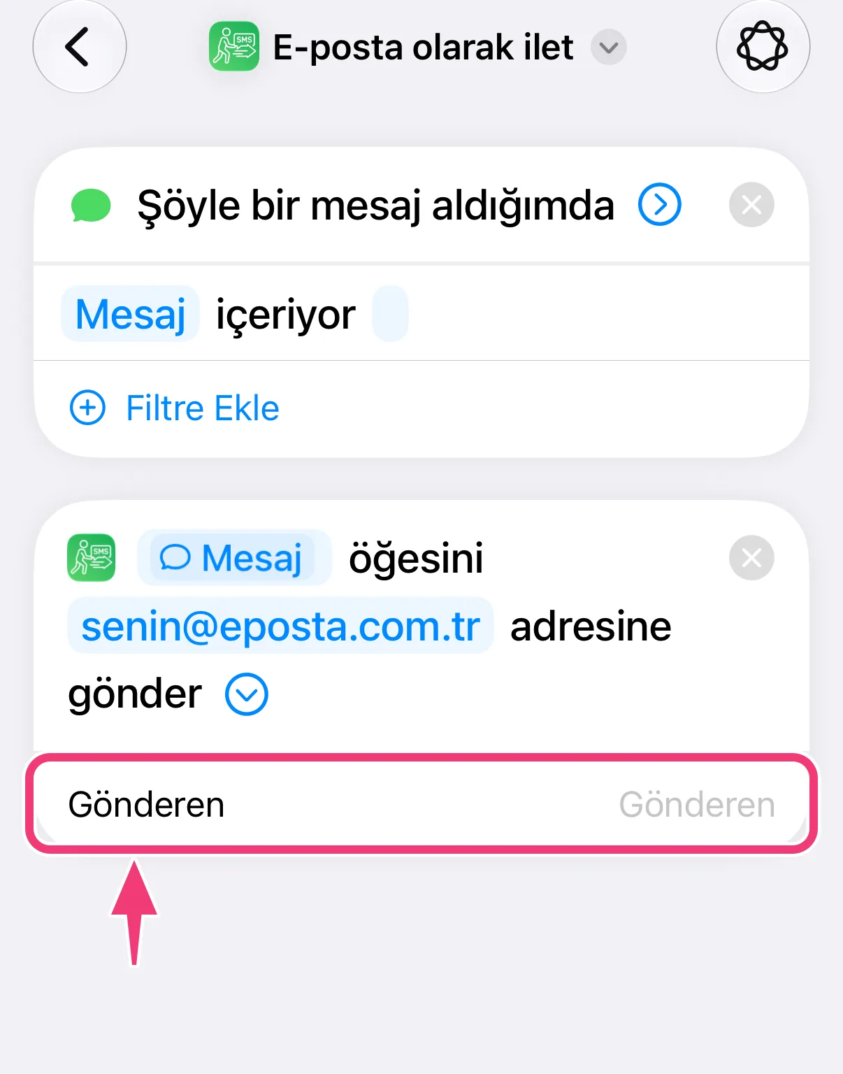 Ekran görüntüsü: Gönderen alanı