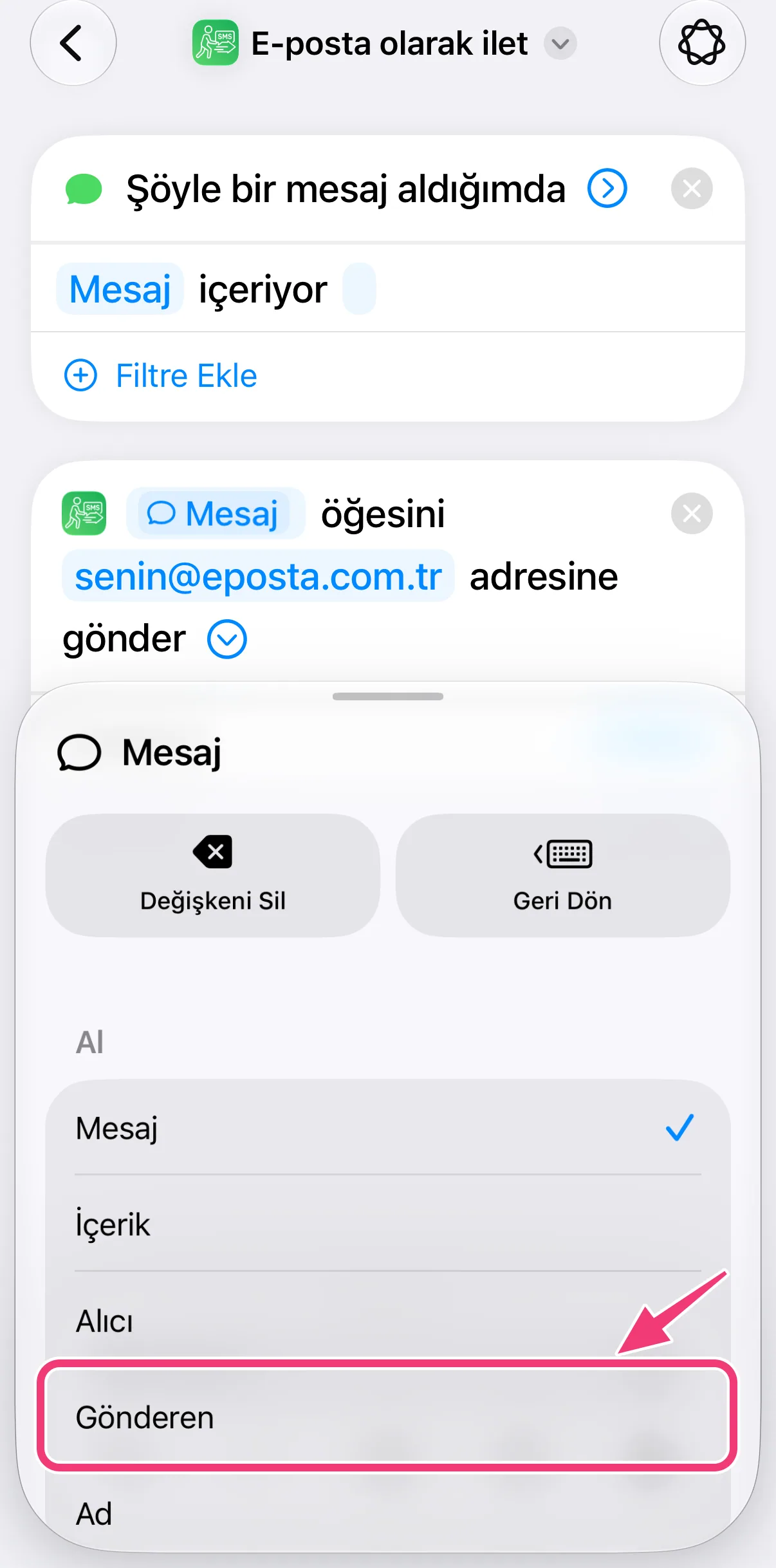 Ekran görüntüsü: Gönderen'i seçme