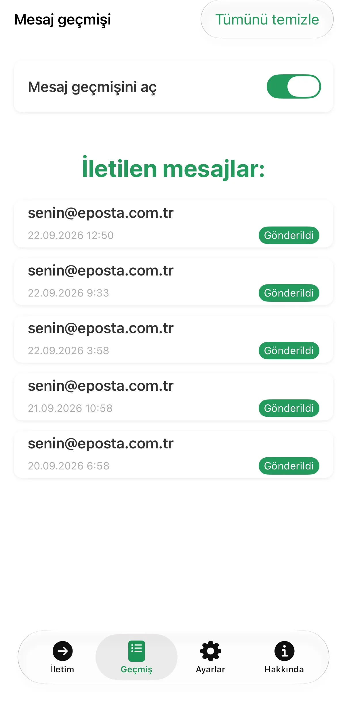 Ekran görüntüsü: iletim geçmişi