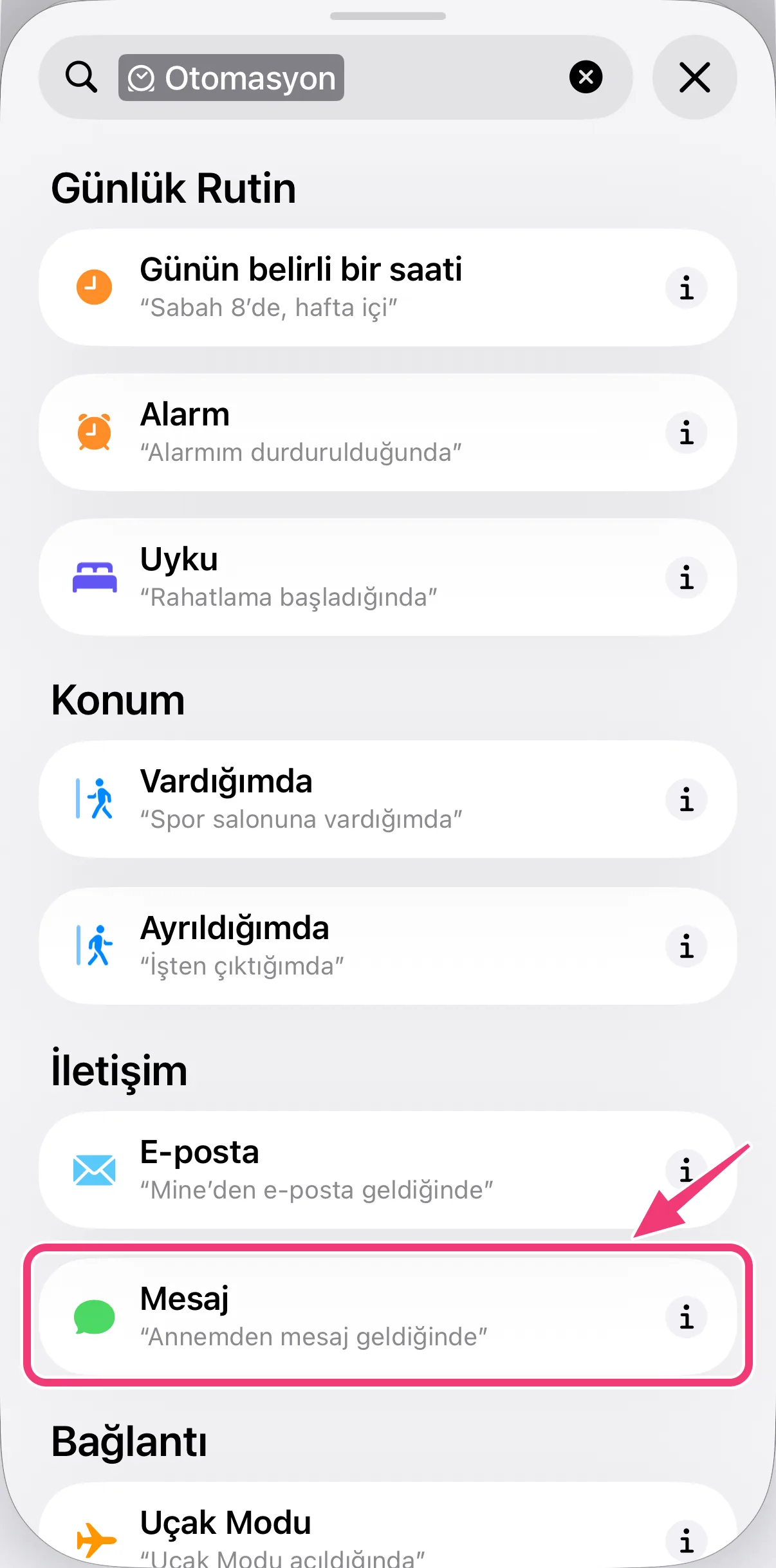 Ekran görüntüsü: Mesaj'ı seçme