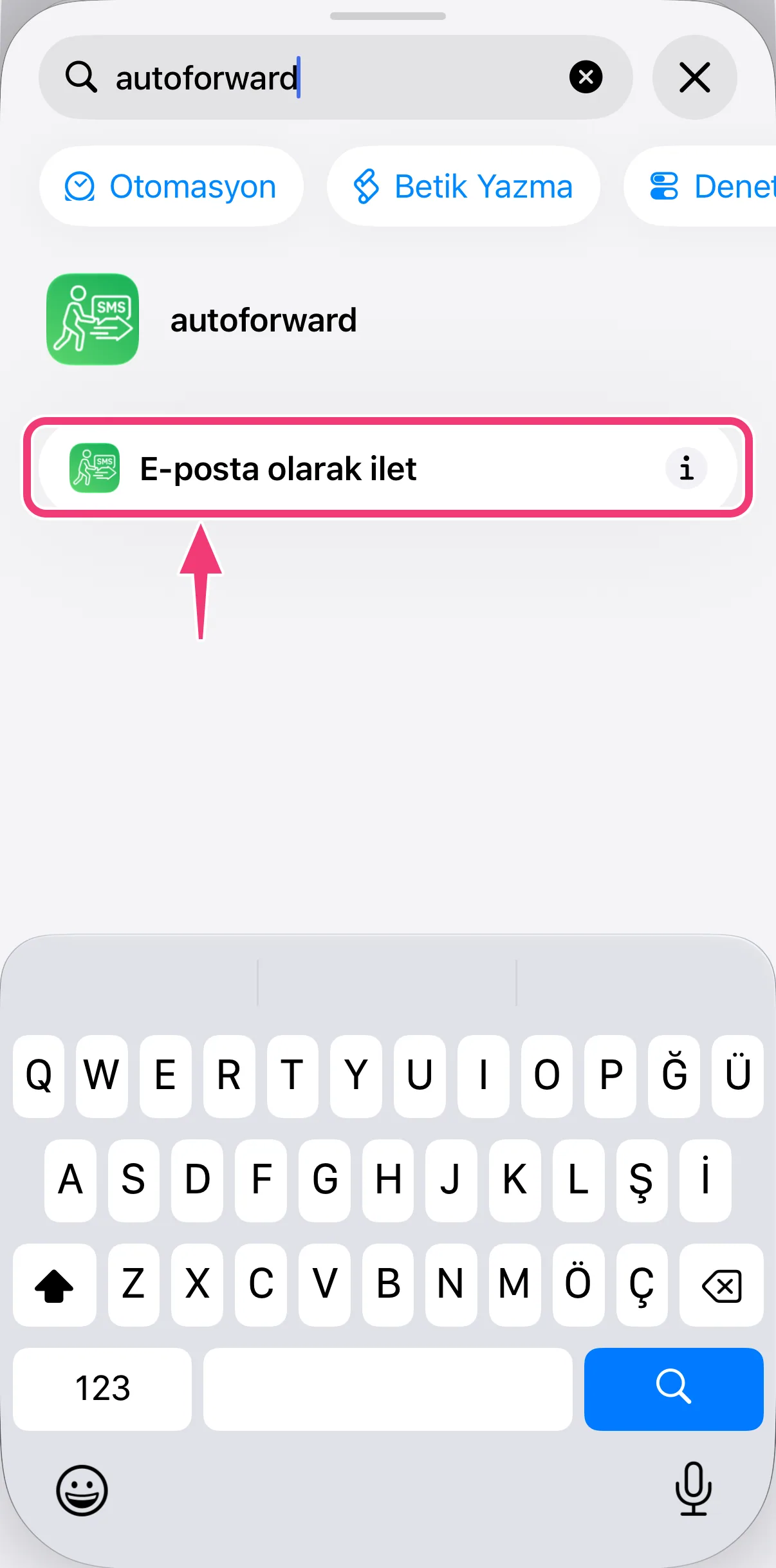 Ekran görüntüsü: autoforward eylemleri