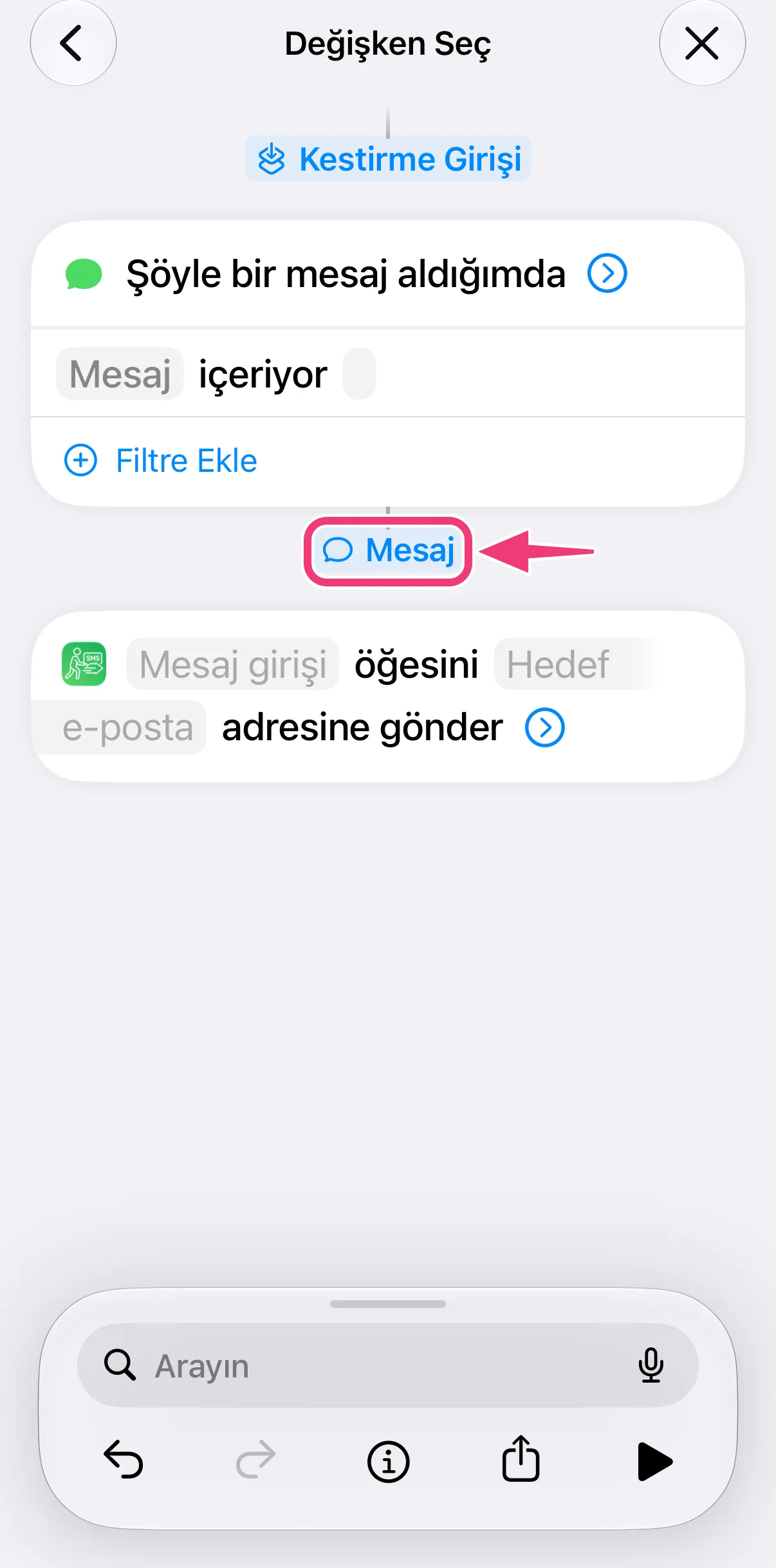 Ekran görüntüsü: Mesaj değişkenini seçme