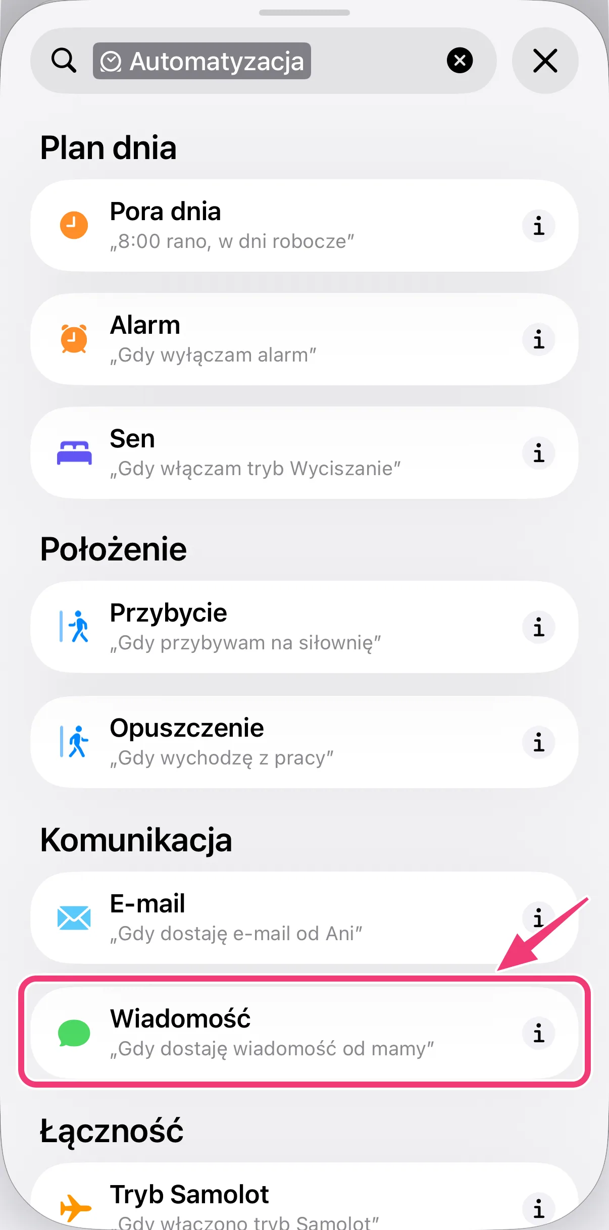 Zrzut ekranu: wybór opcji Wiadomość