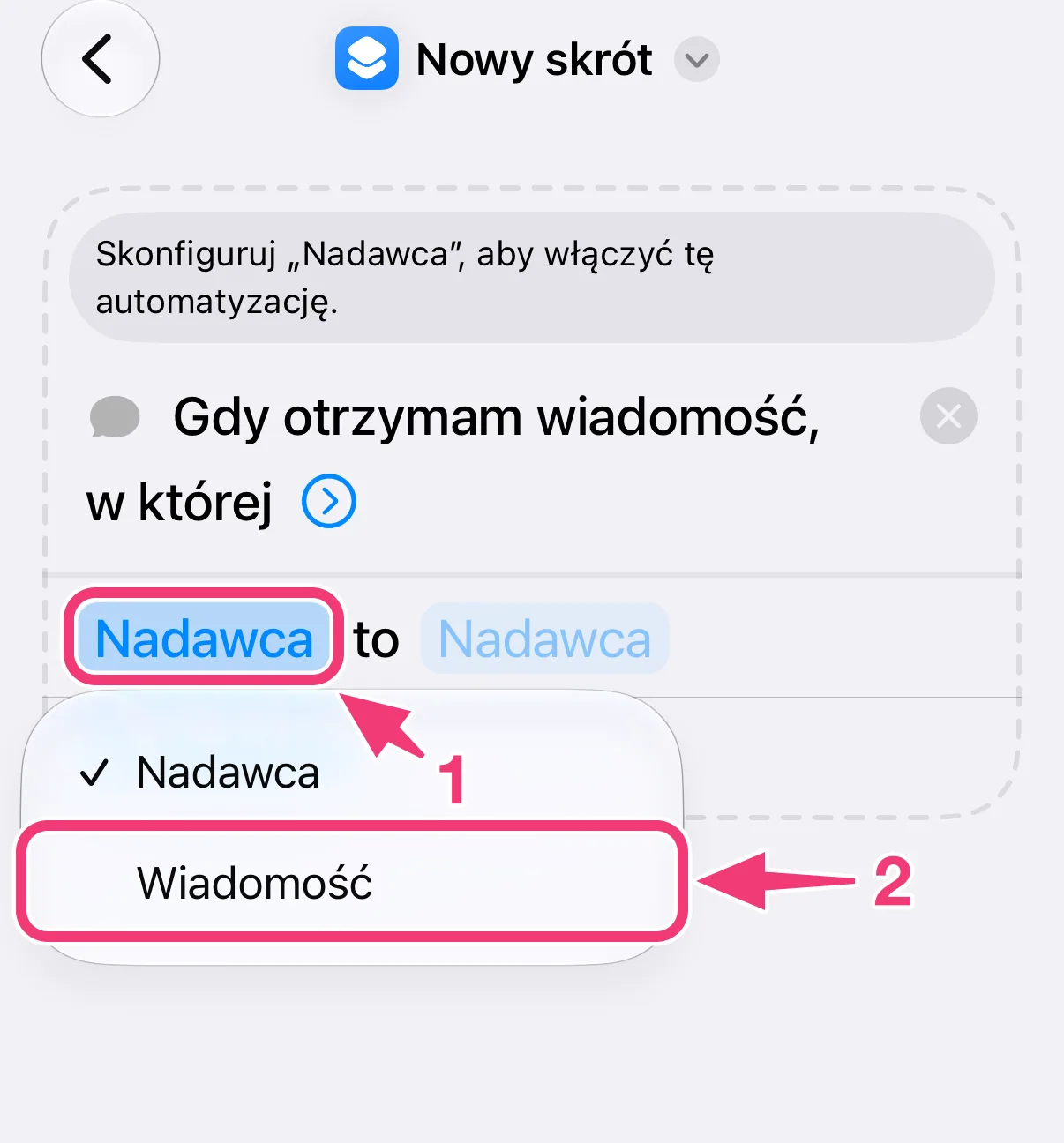 Zrzut ekranu: zmiana warunku na Wiadomość