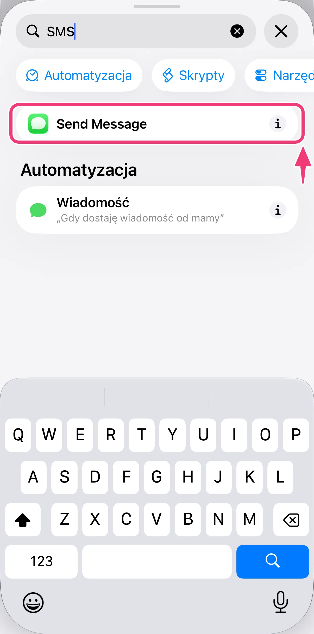 Zrzut ekranu: czynność Wyślij wiadomość
