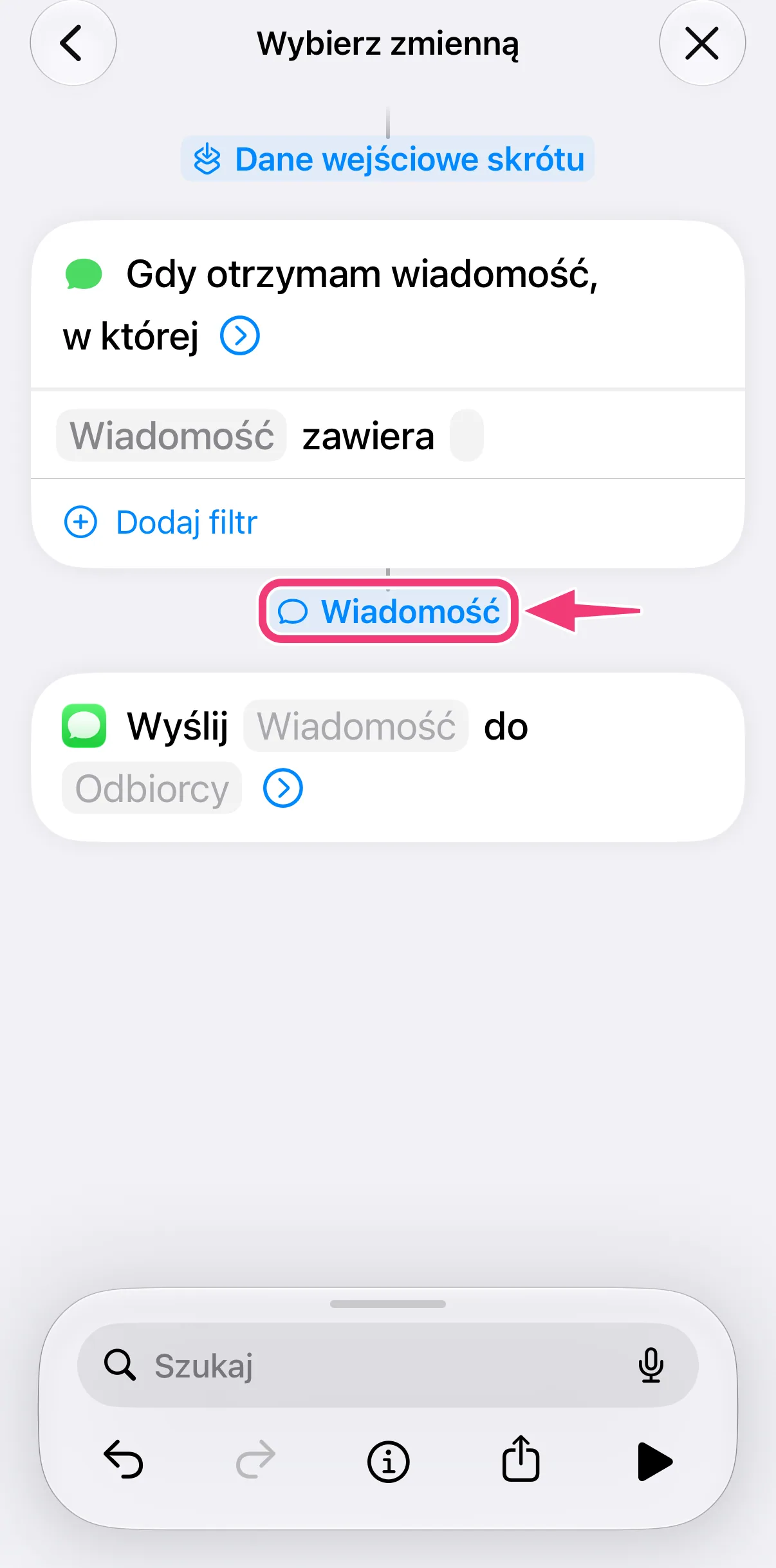 Zrzut ekranu: wybór zmiennej Wiadomość