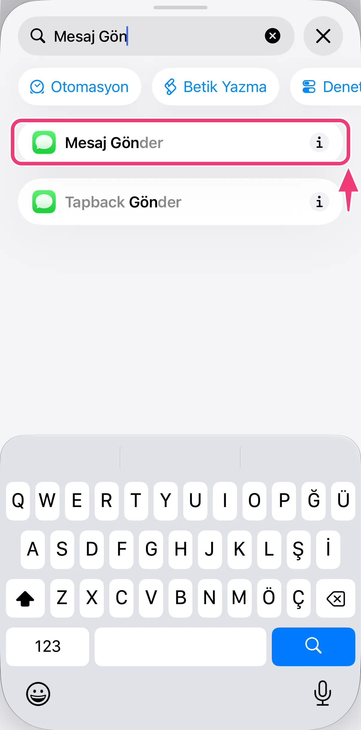 Ekran görüntüsü: Mesaj Gönder eylemi