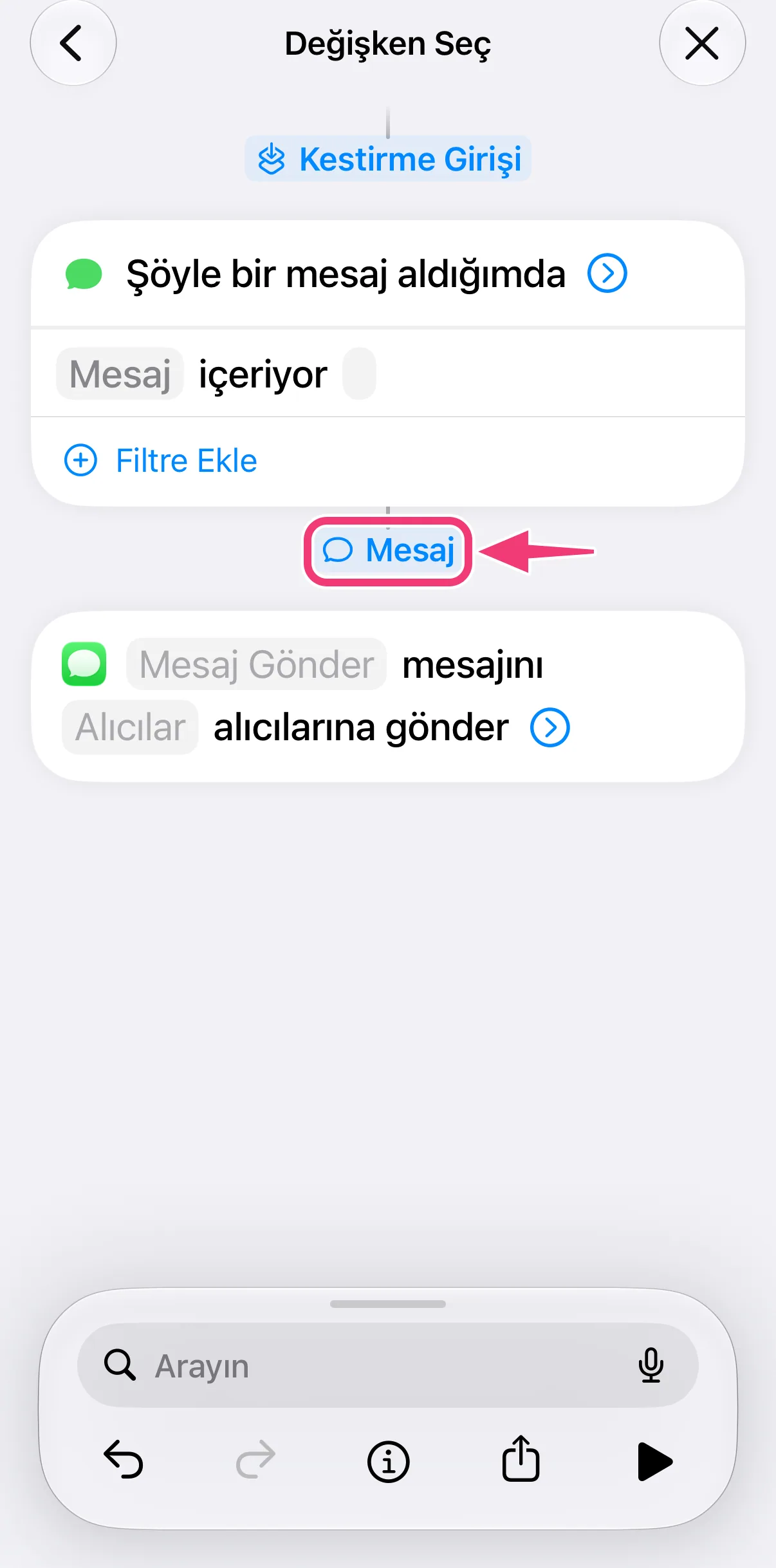 Ekran görüntüsü: Mesaj değişkenini seçme